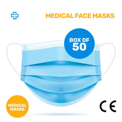Pack of 50x BLUE MEDICAL Face Mask with CE Mark 3 ply